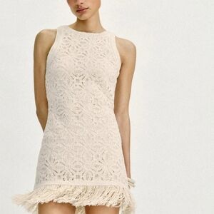 Zara Fringed Crochet Fringe Mini Dress - Cream - US Women's Large